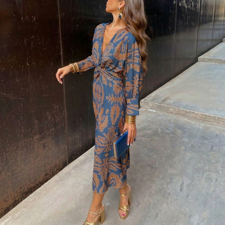 Isadora | Elegantní Midi Šaty s Uměleckým Vzorem a Uzlem v Pase