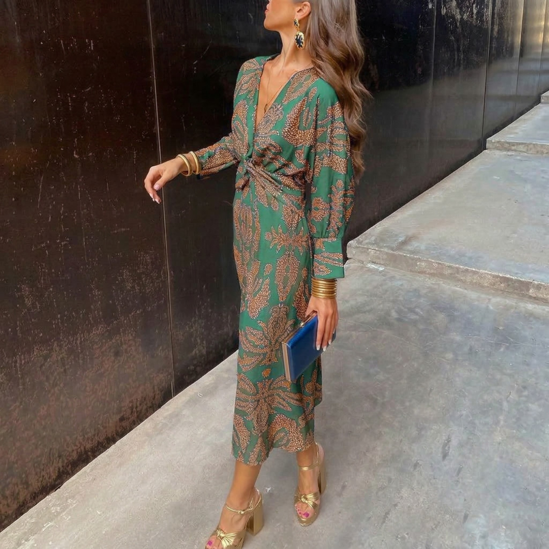 Isadora | Elegantní Midi Šaty s Uměleckým Vzorem a Uzlem v Pase