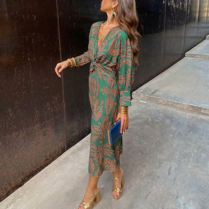 Isadora | Elegantní Midi Šaty s Uměleckým Vzorem a Uzlem v Pase