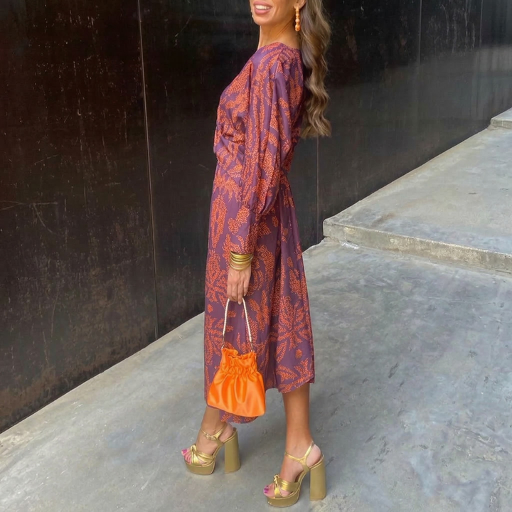 Isadora | Elegantní Midi Šaty s Uměleckým Vzorem a Uzlem v Pase